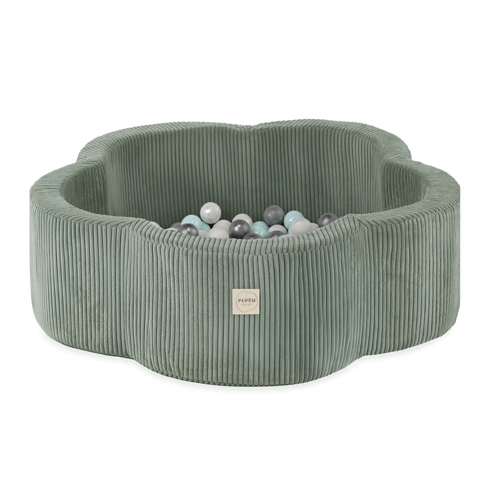 Plush Nest blomsterformet boldbassin – Floral Fun Zone, grøn fløjl, 95×30 cm, inkl. 200 bolde