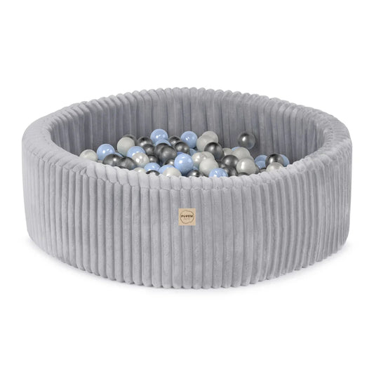 Plush Nest Boldbassin med 200 bolde – Grå Puffy Lamell, 90x30 cm, Rund
