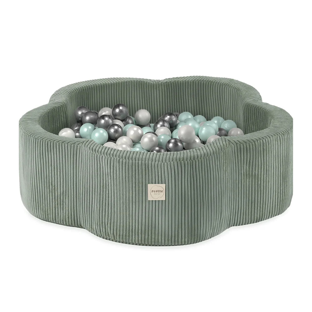 Plush Nest blomsterformet boldbassin – Floral Fun Zone, grøn fløjl, 95×30 cm, inkl. 300 bolde