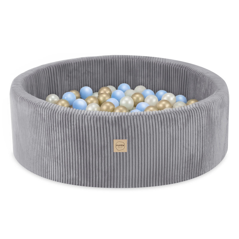 Plush Nest boldbassin med 200 bolde (blå-guld) i premium fløjl – grå – 90x30 cm