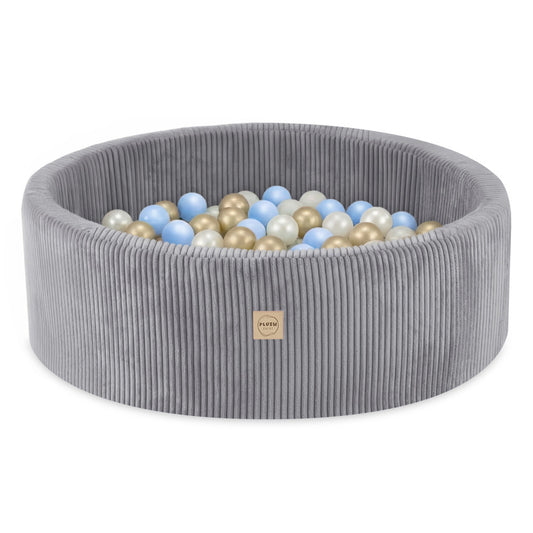 Plush Nest boldbassin med 200 bolde (blå-guld) i premium fløjl – grå – 90x30 cm