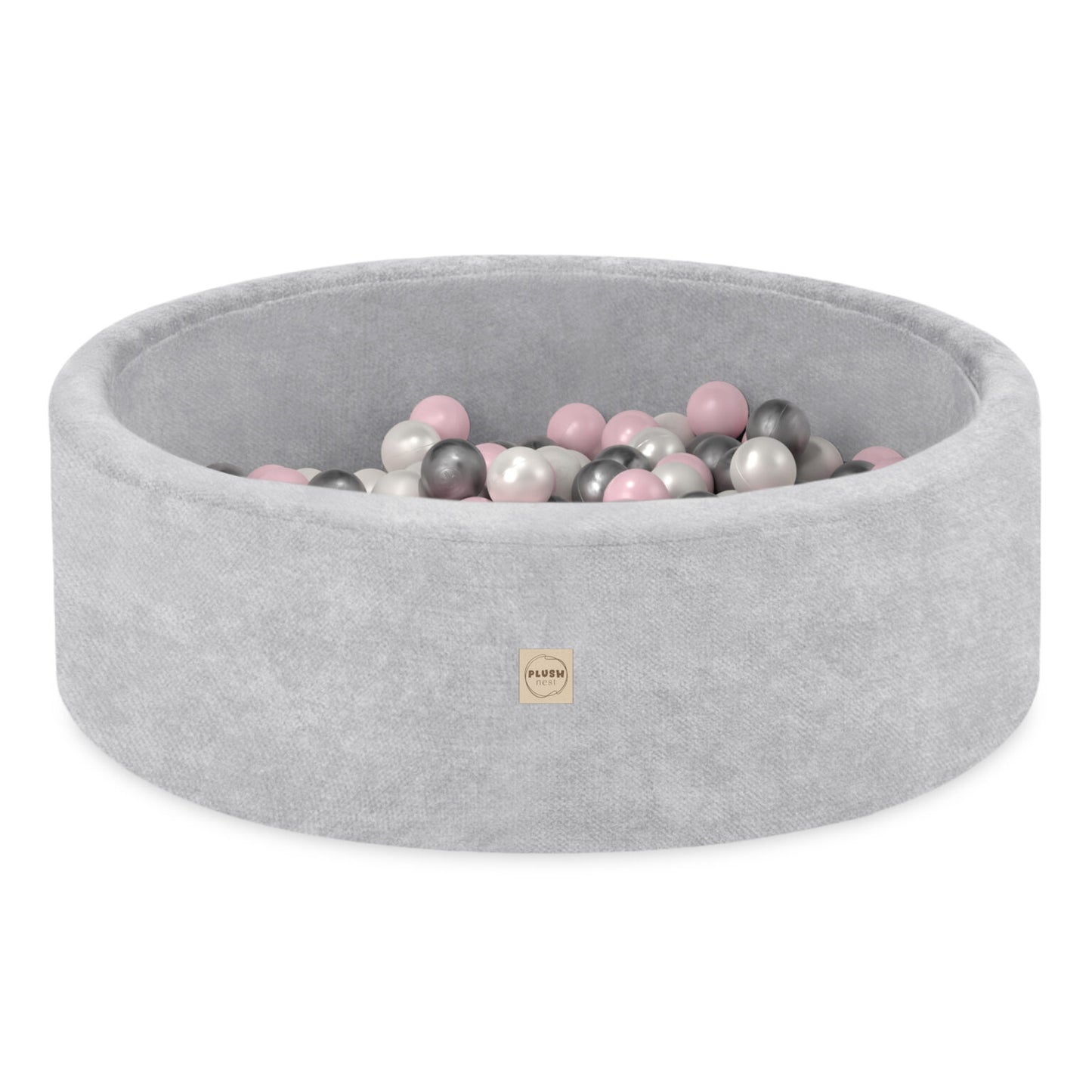 Plush Nest boldbassin med 200 bolde (pink) i premium chenille – grå – 90x30 cm