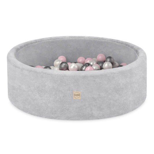 Plush Nest boldbassin med 200 bolde (pink) i premium chenille – grå – 90x30 cm