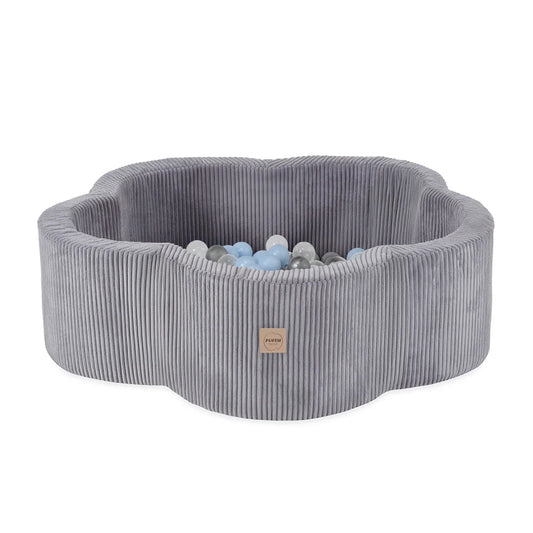 Plush Nest blomsterformet boldbassin – Floral Fun Zone, grå fløjl, 95×30 cm, inkl. 200 bolde