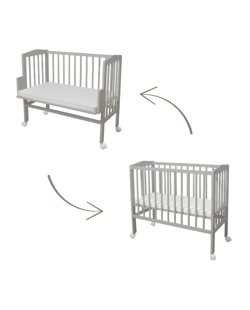 Waldin bedside crib 2-i-1 med madras – grå