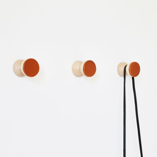 Beech Wood & Veramic Wall Hook / Knob - Dark Terracotta Orange