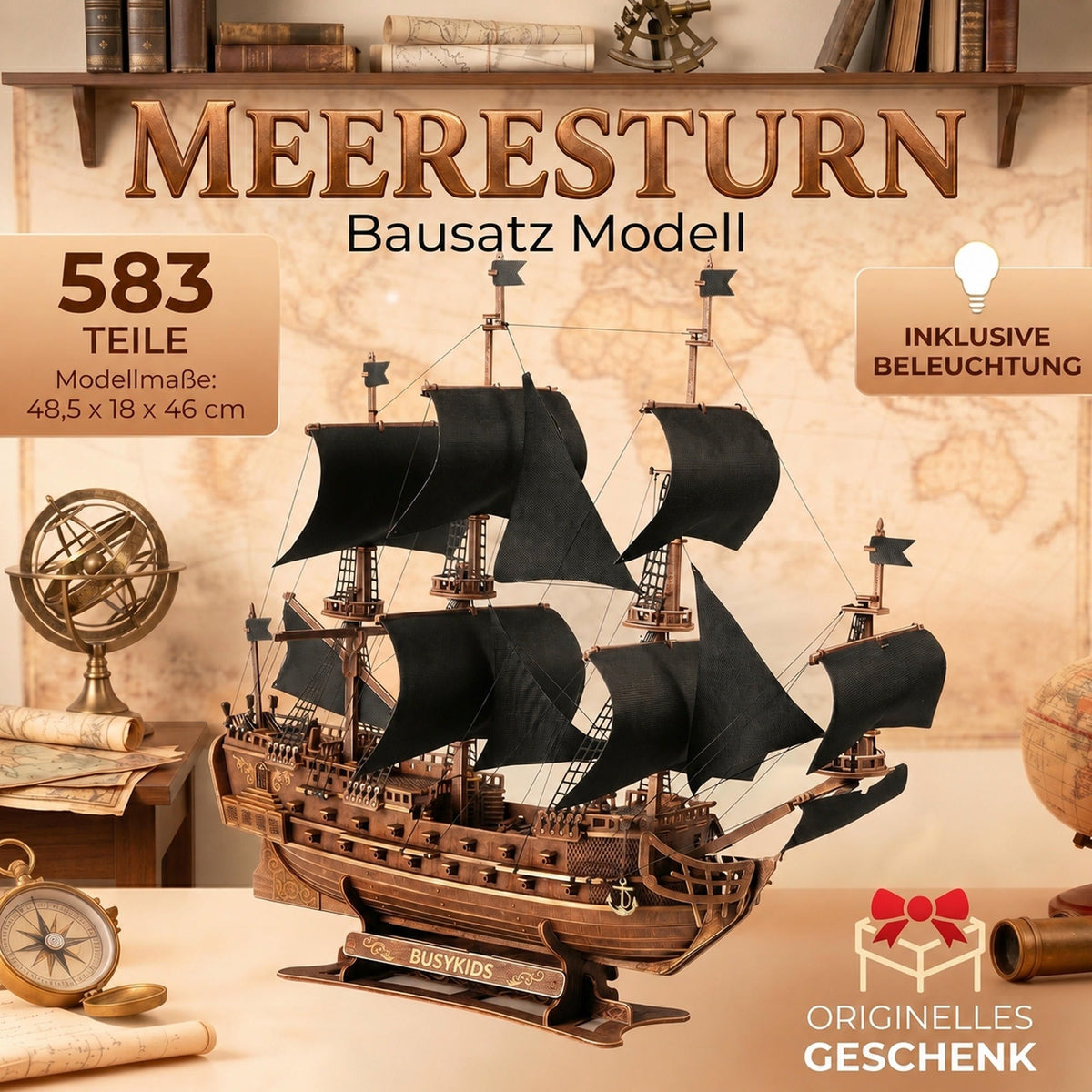 BusyKids Storm of the Seas Wooden Ship Model Kit with Lighting, 583 Pieces