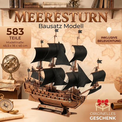 BusyKids Storm of the Seas Wooden Ship Model Kit with Lighting, 583 Pieces
