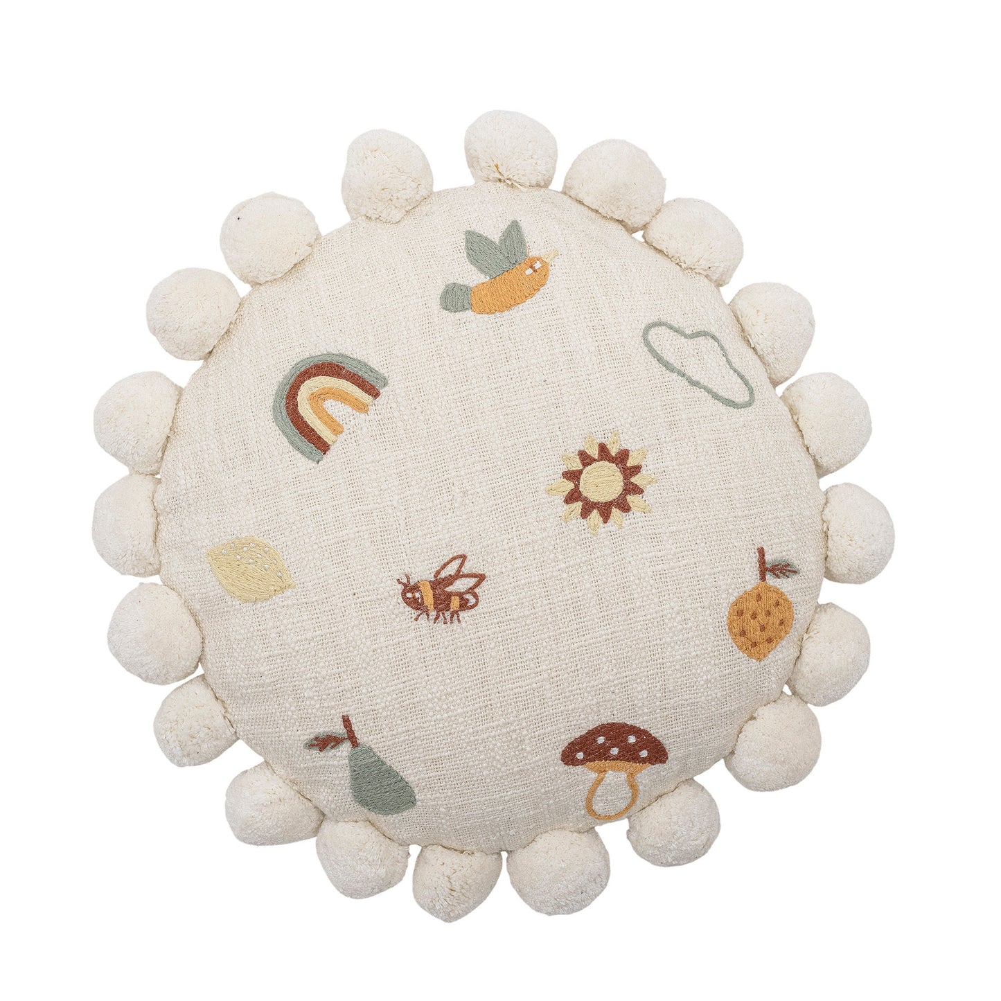 Bloomingville MINI Agnes pude – Rund, naturfarvet bomuld med broderi