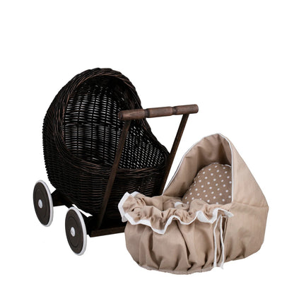 Dark Wicker Doll Pram Lili – Beige Bedding