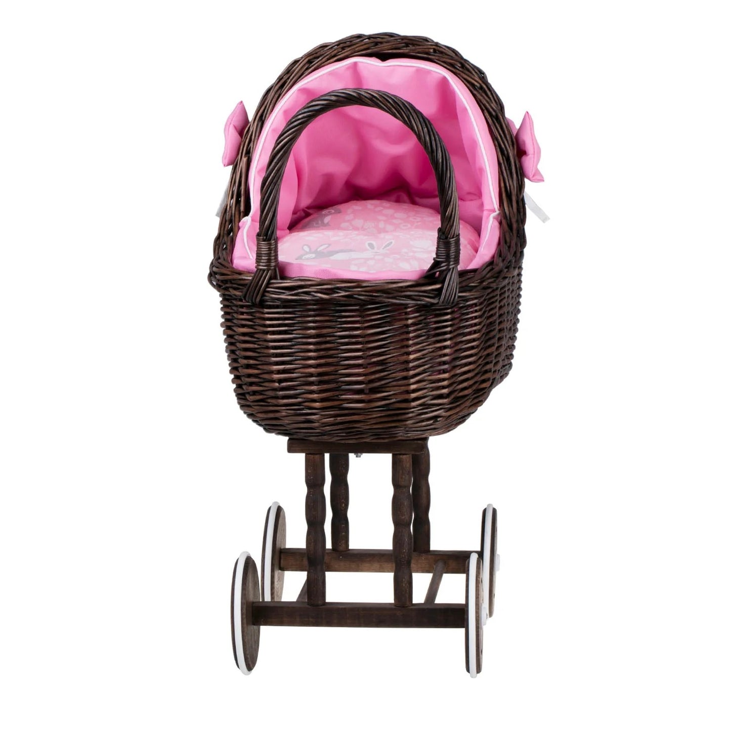 Dark Wicker Doll Stroller Lena – Pink Bedding