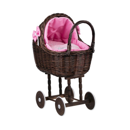 Dark Wicker Doll Stroller Lena – Pink Bedding