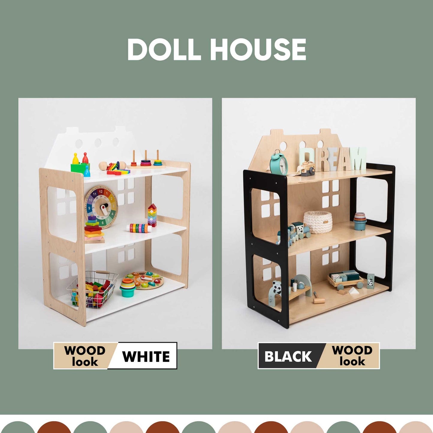 Sweet Home From Wood 2-i-1 dukkehus og Montessori reol – sort