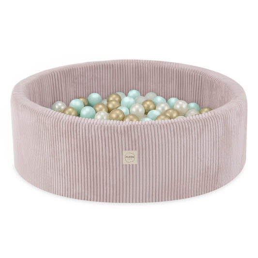 Plush Nest boldbassin med 200 bolde (mint-guld) i premium fløjl – lyserød – 90x30 cm