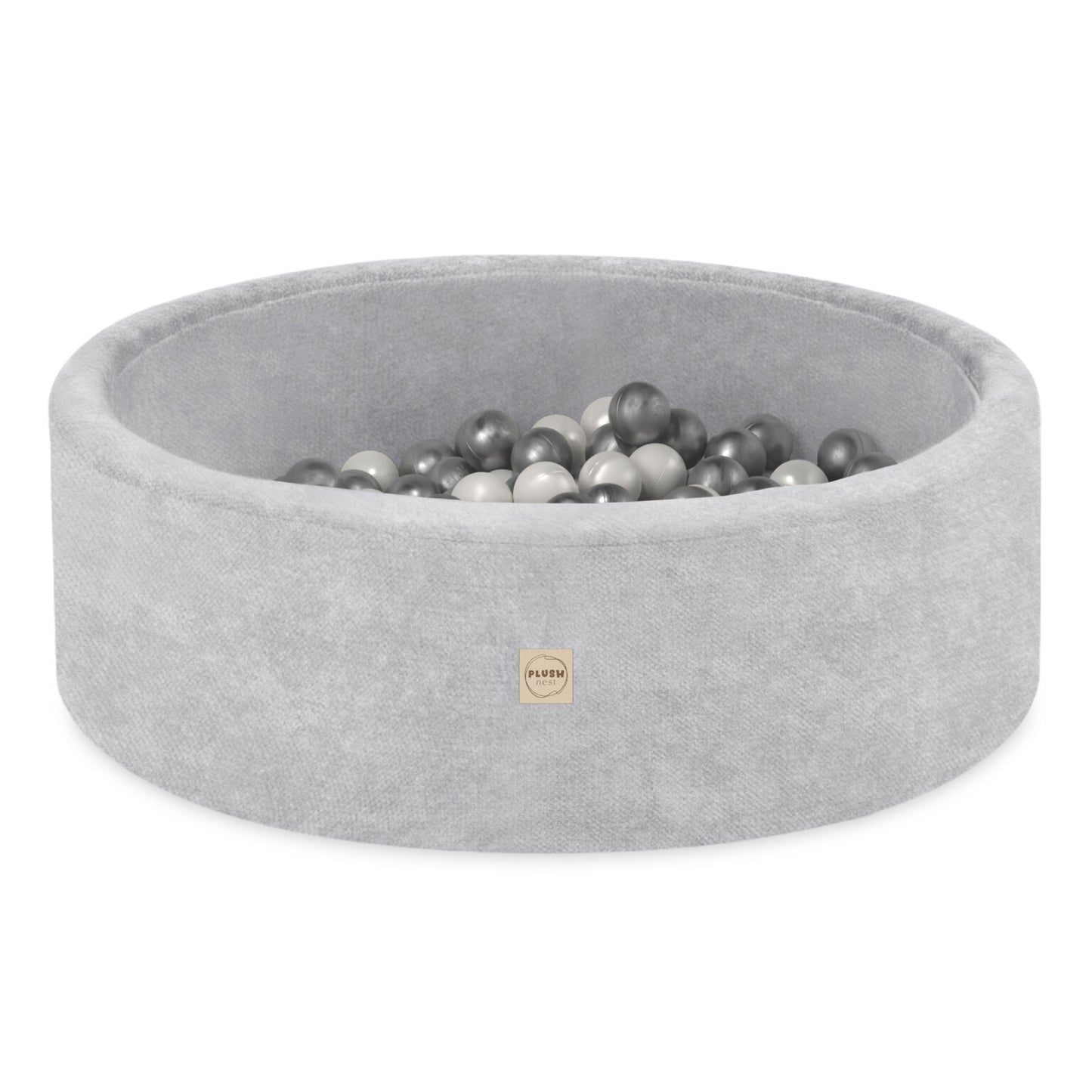 Plush Nest boldbassin med 200 bolde (sølv) i premium chenille – grå – 90x30 cm