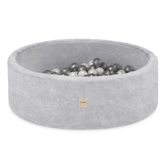 Plush Nest boldbassin med 200 bolde (sølv) i premium chenille – grå – 90x30 cm