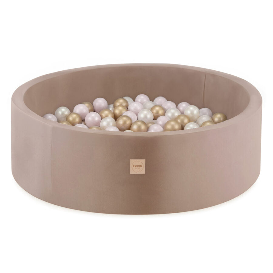 Plush Nest boldbassin 90x30 cm – beige velour med 200 bolde i pink mix