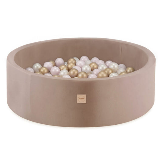 Plush Nest boldbassin 90x30 cm – beige velour med 200 bolde i pink mix