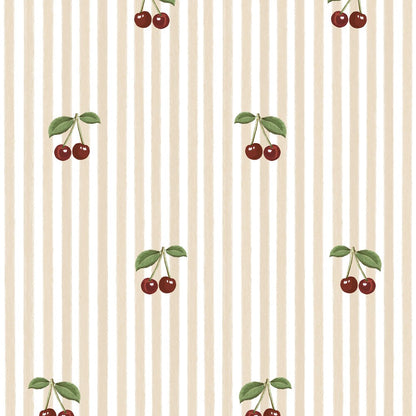 Little Cherries on Beige Stripes Wallpaper