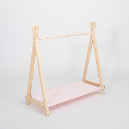 Sweet Home From Wood tøjstativ til børn i tipi-design med stofhylde – pink og ubehandlet fyrretræ