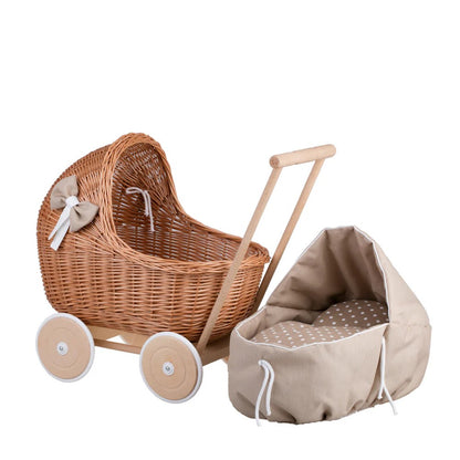 Wicker Doll Pram Lili – Beige Bedding