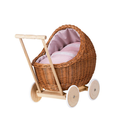 Wicker Doll Pram Lili – Pink Bedding